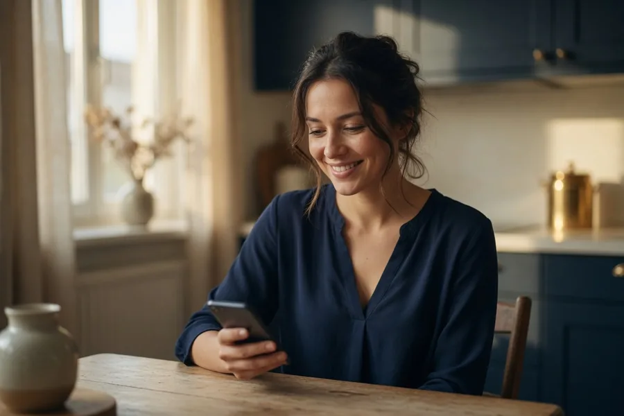 A woman sends her arrest links from her phone at her kitchen table.
