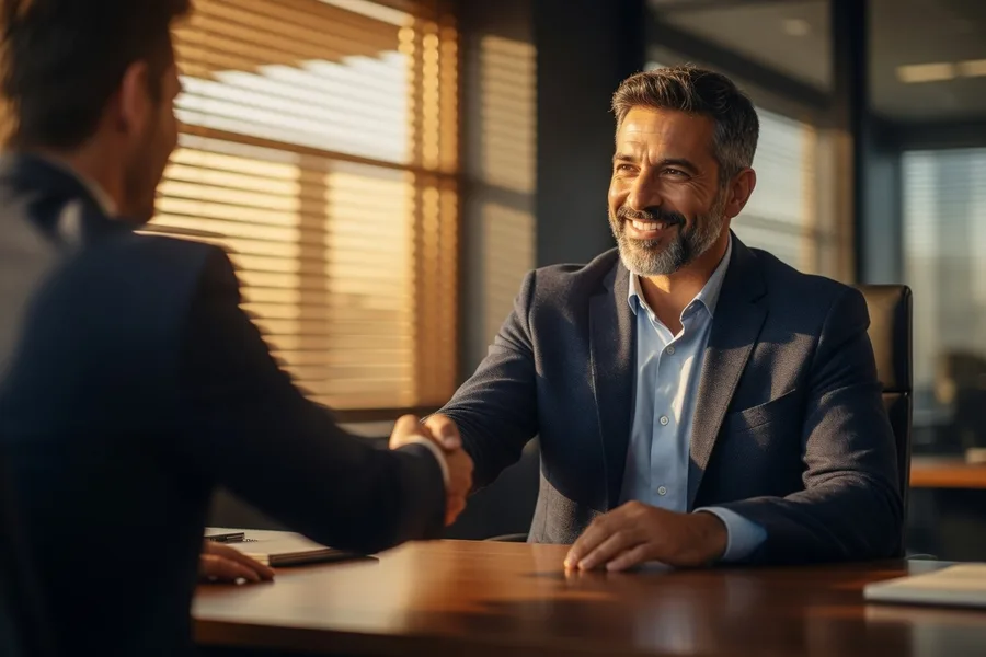 A man shakes hands across a desk after a successful background check.